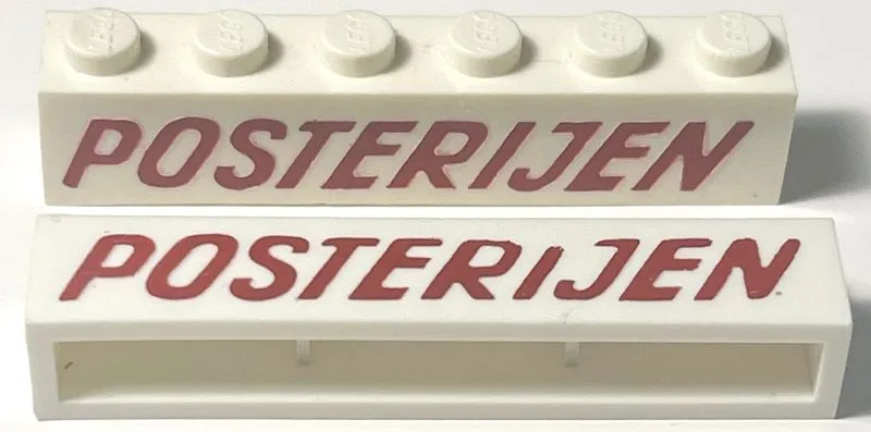 Brick 1 x 6 without Bottom Tubes with Cross Side Supports with Red 'POSTERIJEN' Slanted Pattern