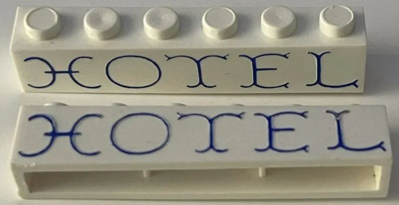Brick 1 x 6 without Bottom Tubes with Cross Side Supports with Blue 'HOTEL' Curvy Pattern