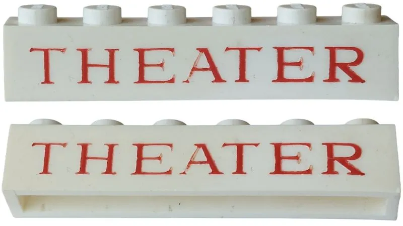 Brick 1 x 6 without Bottom Tubes with Cross Side Supports with Red 'THEATER' Serif Thin Pattern