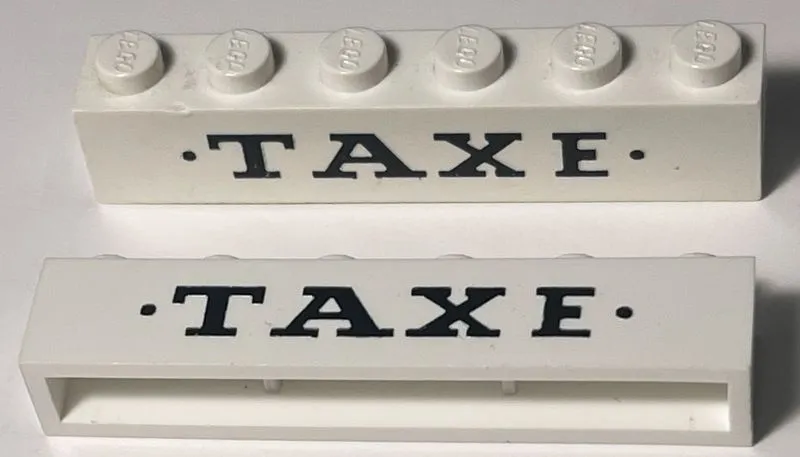 Brick 1 x 6 without Bottom Tubes with Cross Side Supports with Black 'TAXE' Serif Thin Small and Dots Pattern