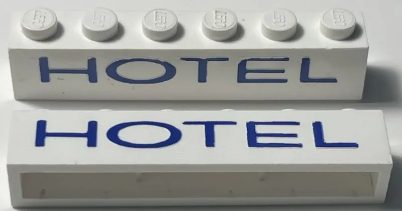 Brick 1 x 6 without Bottom Tubes with Cross Side Supports with Blue 'HOTEL' Sans-Serif Thin Large Pattern