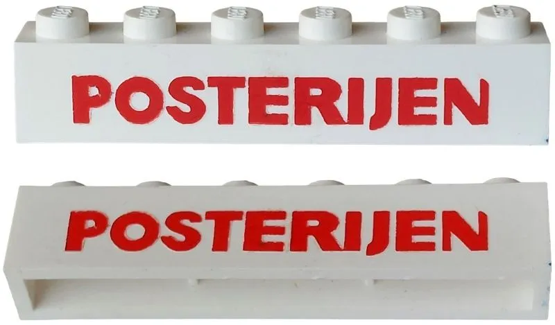 Brick 1 x 6 without Bottom Tubes with Cross Side Supports with Red 'POSTERIJEN' Sans-Serif Bold Pattern