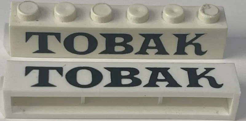 Brick 1 x 6 without Bottom Tubes with Cross Side Supports with Black 'TOBAK' Serif Pattern