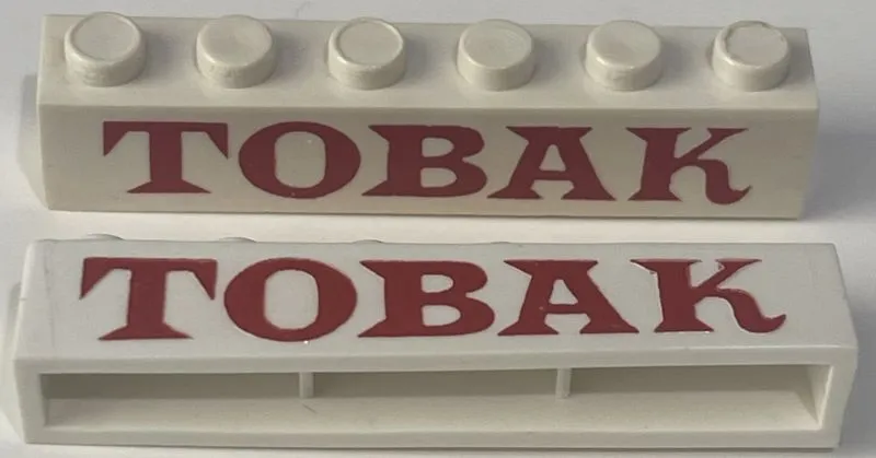 Brick 1 x 6 without Bottom Tubes with Cross Side Supports with Red 'TOBAK' Serif Pattern