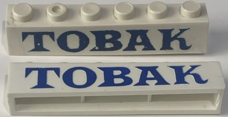 Brick 1 x 6 without Bottom Tubes with Cross Side Supports with Blue 'TOBAK' Serif Pattern