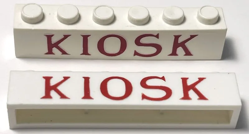Brick 1 x 6 without Bottom Tubes with Cross Side Supports with Red 'KIOSK' Serif Thin Pattern