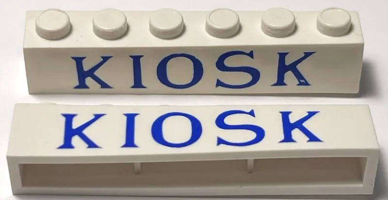 Brick 1 x 6 without Bottom Tubes with Cross Side Supports with Blue 'KIOSK' Serif Thin Pattern