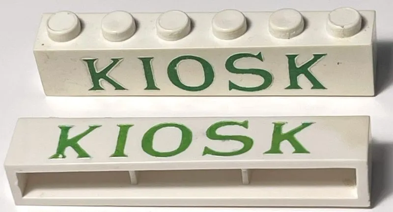 Brick 1 x 6 without Bottom Tubes with Cross Side Supports with Green 'KIOSK' Serif Thin Pattern