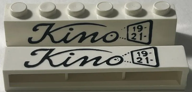Brick 1 x 6 without Bottom Tubes with Cross Side Supports with Black 'Kino' Script, '19', and '21' Pattern