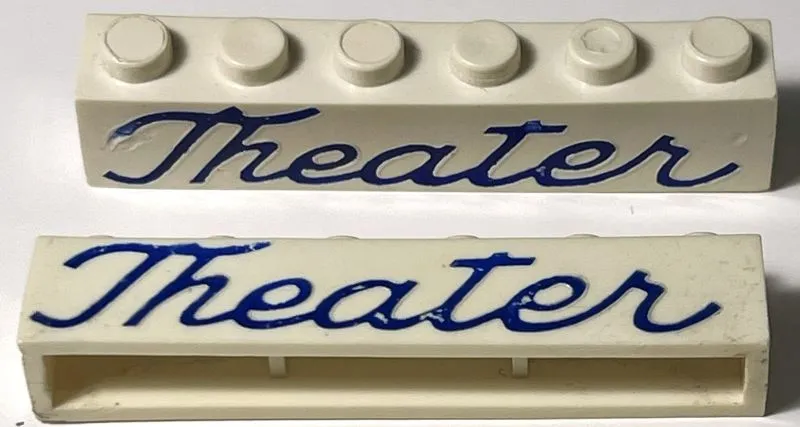 Brick 1 x 6 without Bottom Tubes with Cross Side Supports with Blue 'Theater' Script Pattern