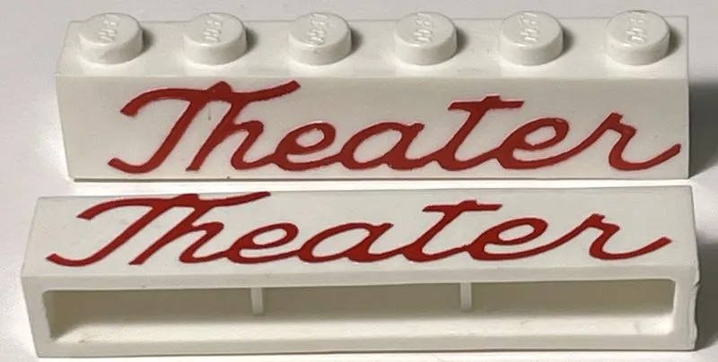Brick 1 x 6 without Bottom Tubes with Cross Side Supports with Red 'Theater' Script Pattern
