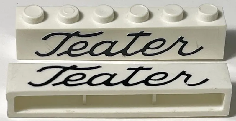 Brick 1 x 6 without Bottom Tubes with Cross Side Supports with Black 'Teater' Script Pattern