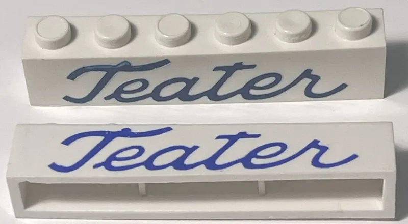 Brick 1 x 6 without Bottom Tubes with Cross Side Supports with Blue 'Teater' Script Pattern