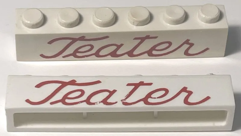 Brick 1 x 6 without Bottom Tubes with Cross Side Supports with Red 'Teater' Script Pattern