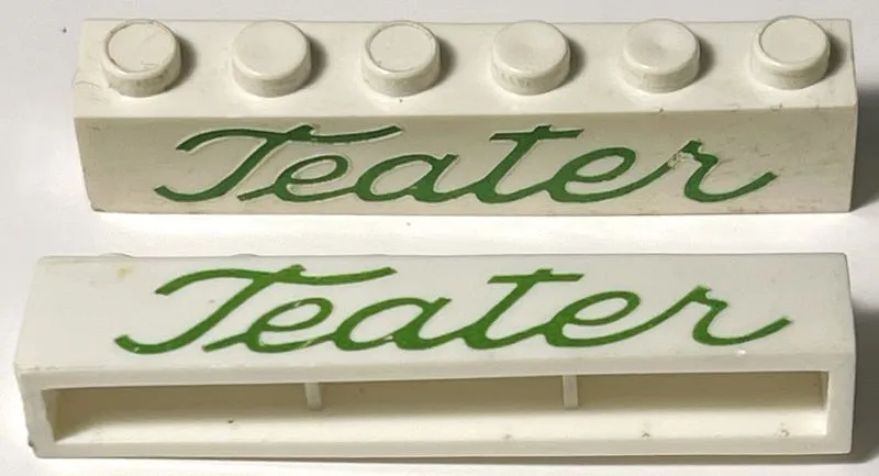 Brick 1 x 6 without Bottom Tubes with Cross Side Supports with Green 'Teater' Script Pattern