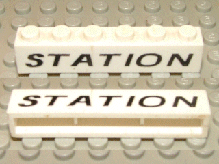 Brick 1 x 6 without Bottom Tubes with Cross Side Supports with Black 'STATION' Thin Slanted Pattern