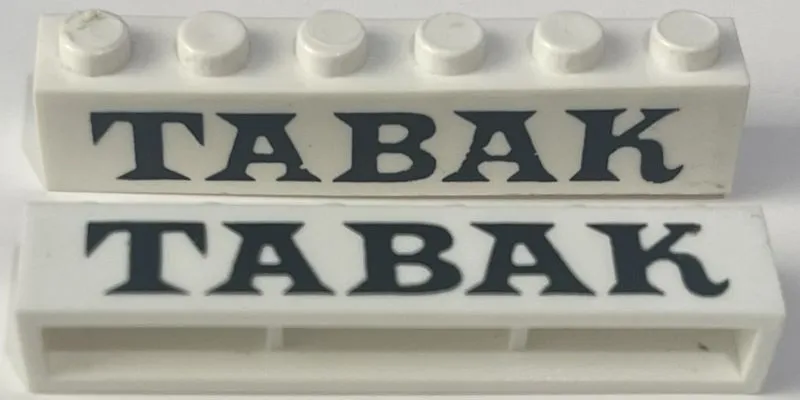 Brick 1 x 6 without Bottom Tubes with Cross Side Supports with Black 'TABAK' Serif Bold Pattern