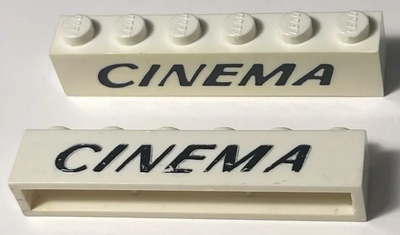 Brick 1 x 6 without Bottom Tubes with Cross Side Supports with Black 'CINEMA' Italic Thin Pattern