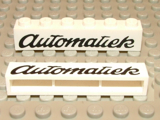 Brick 1 x 6 without Bottom Tubes with Cross Side Supports with Black 'Automatiek' Script Pattern