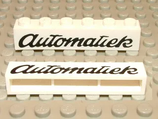 Brick 1 x 6 without Bottom Tubes with Cross Side Supports with Black 'Automatiek' Script Pattern