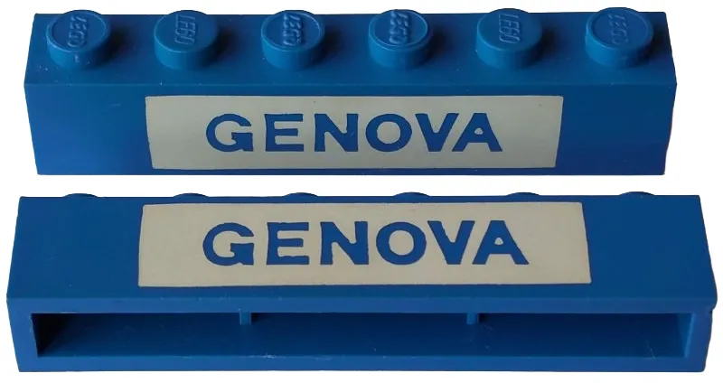 Brick 1 x 6 without Bottom Tubes with Cross Side Supports with Blue in White 'GENOVA' Pattern