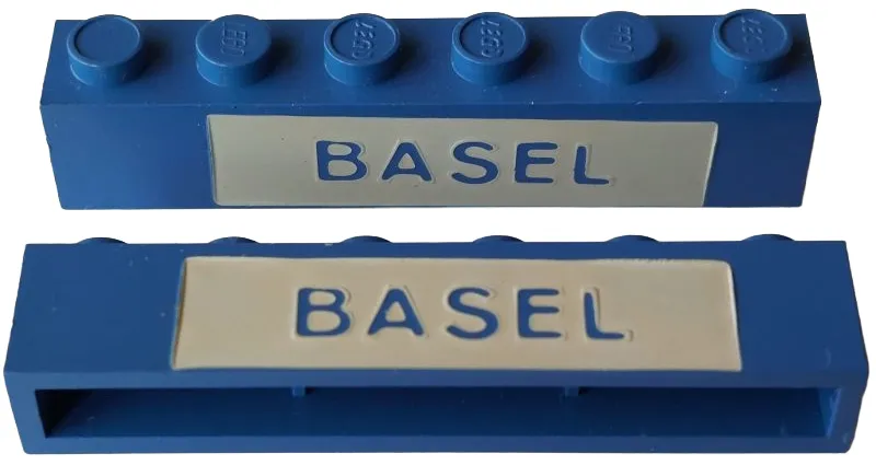 Brick 1 x 6 without Bottom Tubes with Cross Side Supports with Blue in White 'BASEL' Pattern