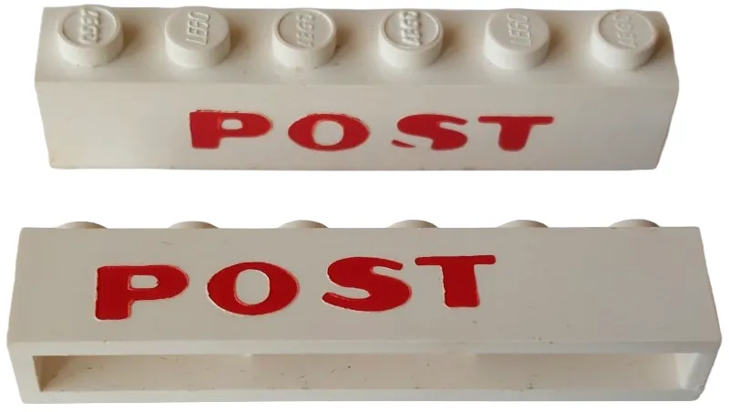 Brick 1 x 6 without Bottom Tubes with Cross Side Supports with Red 'POST' Sans-Serif Small Pattern