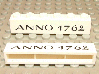 Brick 1 x 6 without Bottom Tubes with Cross Side Supports with Black 'ANNO 1762' Pattern