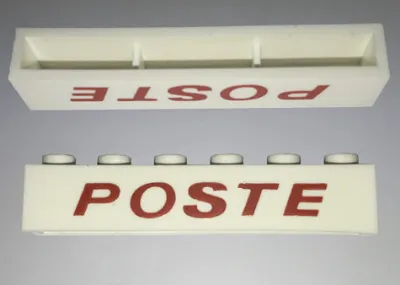 Brick 1 x 6 without Bottom Tubes with Cross Side Supports with Red 'POSTE' Italic Thin Pattern