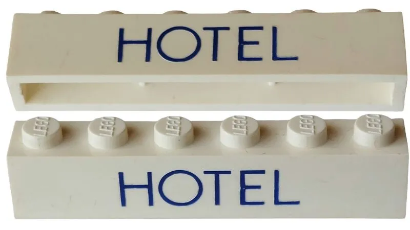 Brick 1 x 6 without Bottom Tubes with Cross Side Supports with Blue 'HOTEL' Sans-Serif Thin (Letters Close) Pattern