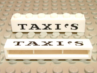 Brick 1 x 6 without Bottom Tubes with Cross Side Supports with Black 'TAXI'S' Serif Thin Pattern