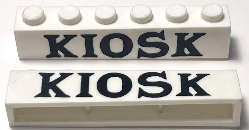 Brick 1 x 6 without Bottom Tubes with Cross Side Supports with Black 'KIOSK' Serif Bold Pattern
