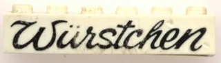 Brick 1 x 6 without Bottom Tubes with Cross Side Supports with Black 'Würstchen' Script Pattern ('Wurstchen')