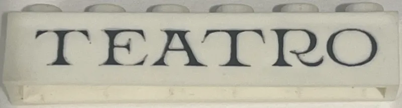 Brick 1 x 6 without Bottom Tubes with Cross Side Supports with Black 'TEATRO' Serif Thin Pattern