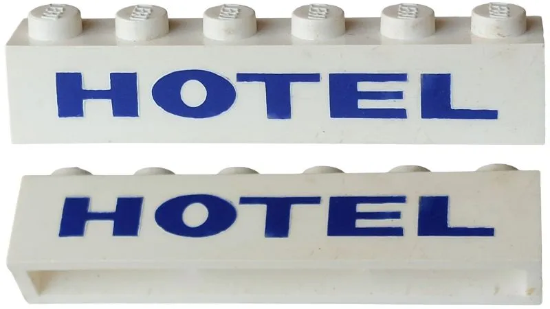 Brick 1 x 6 without Bottom Tubes with Cross Side Supports with Blue 'HOTEL' Sans-Serif Bold Small Pattern