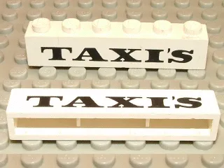 Brick 1 x 6 without Bottom Tubes with Cross Side Supports with Black 'TAXI'S' Serif Bold Pattern