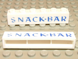 Brick 1 x 6 without Bottom Tubes with Cross Side Supports with Blue 'SNACK-BAR' Thin Pattern