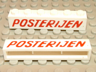 Brick 1 x 6 without Bottom Tubes with Cross Side Supports with Red 'POSTERIJEN' Slanted Pattern
