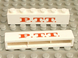 Brick 1 x 6 without Bottom Tubes with Cross Side Supports with Red 'P.T.T.' Thick Pattern