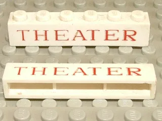 Brick 1 x 6 without Bottom Tubes with Cross Side Supports with Red 'THEATER' Serif Thin Pattern