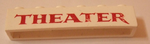 Brick 1 x 6 without Bottom Tubes with Cross Side Supports with Red 'THEATER' Serif Pattern