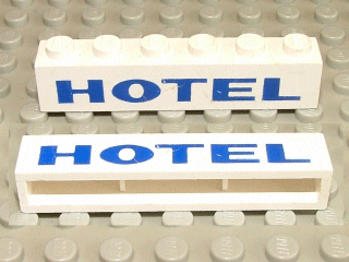 Brick 1 x 6 without Bottom Tubes with Cross Side Supports with Blue 'HOTEL' Thick Pattern