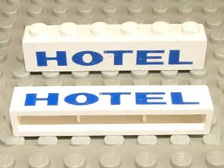 Brick 1 x 6 without Bottom Tubes with Cross Side Supports with Blue 'HOTEL' Thick Pattern