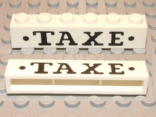 Brick 1 x 6 without Bottom Tubes with Cross Side Supports with Black 'TAXE' and Dots Bold Pattern