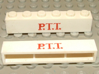 Brick 1 x 6 without Bottom Tubes with Cross Side Supports with Red 'P.T.T.' Thin Pattern