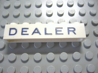 Brick 1 x 6 without Bottom Tubes with Cross Side Supports with Blue 'DEALER' Pattern