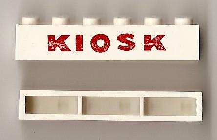 Brick 1 x 6 without Bottom Tubes with Cross Side Supports with Red 'KIOSK' Sans-Serif Thick Pattern