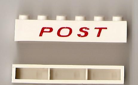 Brick 1 x 6 without Bottom Tubes with Cross Side Supports with Red 'POST' Thin Slanted Pattern