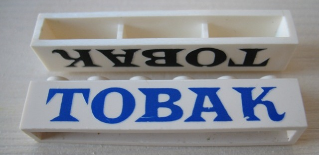 Brick 1 x 6 without Bottom Tubes with Cross Side Supports with Blue 'TOBAK' Serif Pattern