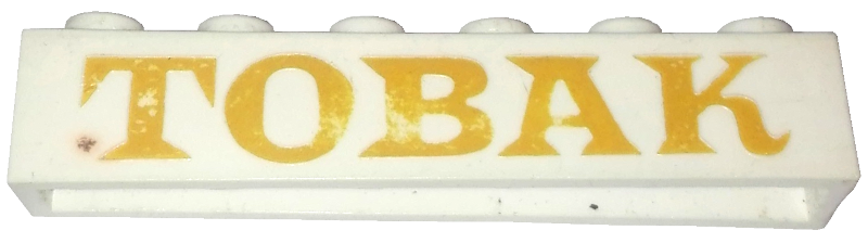 Brick 1 x 6 without Bottom Tubes with Cross Side Supports with Gold 'TOBAK' Serif Pattern